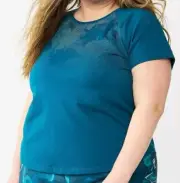 NWT Plus Sz 3X Teal Daisy Jacquard Tek Gear Core Short Sleeve Raglan Tee
