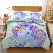 Very Nice Light Blue Unicorn 3D Quilt Duvet Doona Cover Set Pillow case Print