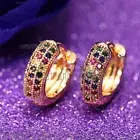 18K ROSE GOLD GF RAINBOW CRYSTAL BAND EAR PIERCING HOOP SMALL SLEEPER EARRINGS