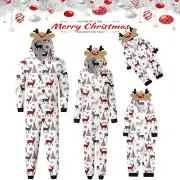 Women Mom Merry Christmas Sets White Prints Hooded Zipper Jumpsuit Family Outfit