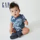 Gap 嬰兒裝 可愛純棉短袖包屁衣 布萊納系列-藍色印花(691248)