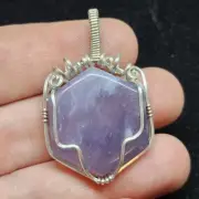 Trekntreasures Handmade Purple Chalcedony Agate Hexagon Stone .925 Wire Pendant