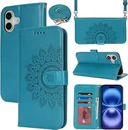Cavor Crossbody Wallet for iPhone 16 6.1'' PU Leather Case Magnetic 3D Embossed Flower Women Flip Kickstand with Card Holder Shoulder Lanyard Protective Cover-Long Strap Flower Sky Blue