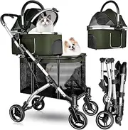 Mukum Double Pet Stroller For Dogs/Cats - One-Hand Folding, Detachable Carrier, Safety Belt, Lockable Wheels, Up To 52LBS Green