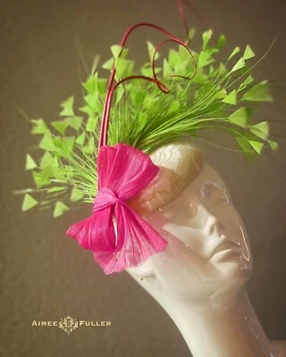 Kentucky Derby Fascinator Hot Pink Apple Green Cream Ivory Lace Hat Royal Ascot
