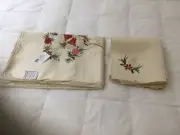 Christmas Tablecloth embroidered new Ecru Red Bells 1 set 12 Napkins 72 x 108