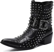 [Generic] Ankle Boot for Men High Top Boot Slip On StyleGenuine Leather Monk Strap Rivet Side Zipper Metal Pointed Toe High Heel Men's Leather Shoes