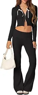 [MOBJVIY] Women’s Two Piece Outfits Set Long Sleeve Zip Up Cropped Hoodie and Bootcut Pants Loungewear