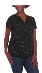 HILARY RADLEY women's V-neck, Cap Sleeve Black with white print Blouse, small