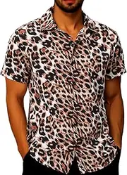 [JG JENNY GHOO] Men's Leopard Print Shirt Summer Short Sleeve Cheetah Animal Print Hawaiian Button-Down Shirts