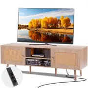VEVOR Rattan TV Stand, Mid Century Modern TV Stand for 65 inch TV, Boho Rattan TV Cabinet with Build-in Socket and USB Ports, Adjustable Shelfs for Li