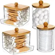 Qtip Holder Dispenser, 4 Pack Qtip Holder Dispenser with Bamboo Lids, Apothecary Container Jar Qtips Holder Bathroom Set, Bathroom Organizers and Storage for Cotton Swab, Ball, Pads, Floss