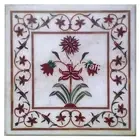Corner Table Top Inlaid with Natural Gemstone White Square Marble Coffee Table