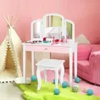 NNECW Kids Makeup Table Stool Set with Tri-folding Mirror for Bedroom-White