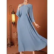 A-Line Mother of the Bride Dress Elegant V Neck Floor Length Chiffon Long Sleeve with Sash / Ribbon Crystals