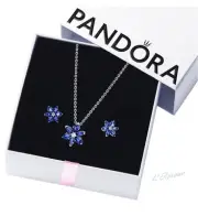 Authentic Pandora Blue Sparkling Herbarium Necklace & Earrings Gift Set w/ Box