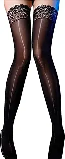 [Zeaicos] Black Sexy Thigh High Stockings, Hold Ups Oily Glossy Anti-Skid Silicone Silky Sheer Lace Top Lingerie Stocking for Women Girls, Black, m