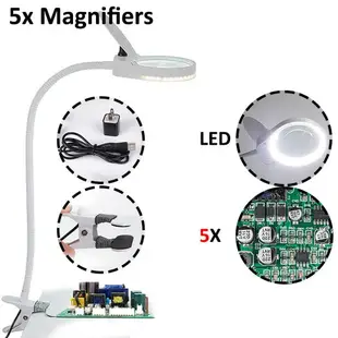 PD-5S 高清可折疊手持台式放大鏡檯燈 夾式LED燈5倍高倍鏡片老人閱讀鑑定維修 多功能檯燈