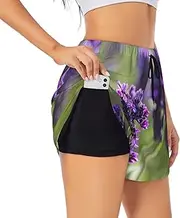 [GaxfjRu] Lavender Colored Flowers Print Women's Running Shorts High Waisted Running Shorts Pocket Sporty Gym Elastic Short