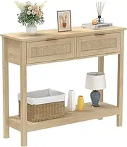 Trironsun Farmhouse Rattan Console Table with 2 Drawers 2 Tier Boho Narrow Long Sofa Table Natural with Open Storage Shelf Wood Entryway Table for Living Room Hallway Foyer (Nature, 39.4 Inch)