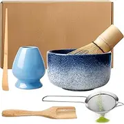 Japanese Matcha Tea Set, 6-Piece Matcha Set, Matcha Whisk Set, Matcha Broom Set, Matcha Complete Set with Matcha Bowl, Tea Powder Whisk, Matcha Spoon, Broom Holder (Kiln Blue)