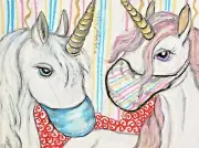 Unicorn in Quarantine Masks ACEO Art Print 2.5 x 3.5 Signed by Artist KSams