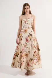 Linen Viscose Floral Printed Woven Maxi Prom Dress