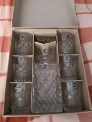 Vintage Heavy Wall Bohemia Crystal Whiskey Set Of 6 Glasses & Decanter NOS W/Box