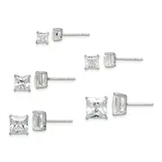 Sterling Silver Polished Square Cz 5-Pair Post Earrings Set