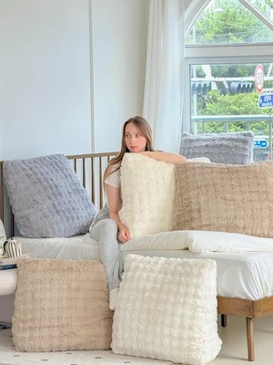 NEW Houkaho Reading Back Rest Pillow Bolster Wedge Cushion Faux Fur Beige Cover