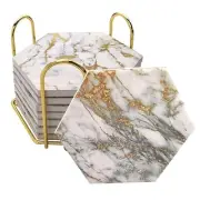 Coasters Set of 8 with Metal Holder Stand, Marble Design Ceramic Coaster Set,...