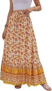 [SHINsuke] Women Summer Boho Maxi Skirts Vintage Retro High Waist Button Down Long Elastic Swing Line Maxi Skirts