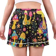 [RPLIFE] Psychedelic Mushroom Flowers Black Ladies Sleep Shorts, Soft Comfy Women's Lounge Shorts