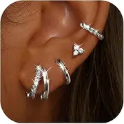 [Besteel] 4 Pairs Gold Silver Hoop Earrings Set for Women Small 14K Gold Filled Dainty Cartilage Huggie Earring Set for Multiple Piercing Hypoallergenic Flat Back Stud Earring Stacks