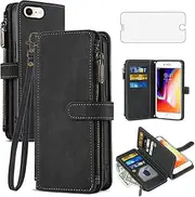 Asuwish Phone Case for iPhone 7/8/SE 2020/2022 Wallet Cover with Screen Protector and Flip Card Holder Cell iPhone7 iPhone8 7s 8s i SE2020 SE2022 2/2nd/3/3rd Generation SE2 SE3 7SE 8SE Women Men Black