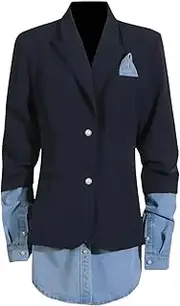 [Zadaos] Women Blazer Denim Stitched Single Breasted Ladies Blazer Coat Women's Long Suit Jacket