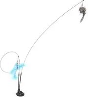 Cat Teaser Stick Toy, Powerful Base Flexible Boredom Relief Double Ended Suction Cat Feather Wand Interactive Toy Indoor Removable Steel Wire (Blue Flying Fish and Gray Mouse)