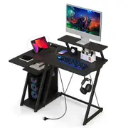 Costway L-Shaped Gaming Desk Computer Desk w/Monitor Shelf Headphone Hook Outlets & USB Ports Black