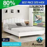 ALFORDSON Bed Frame Double Size Upholstered Platform Base Leather White TANIA