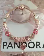 Genuine Pandora Bracelet Bangle Rose Gold + Charms 20 cm +Pandora Box ALE MET