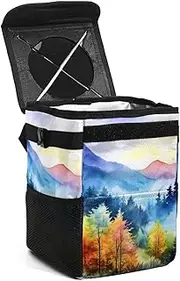 Car Trash Can with Lid,Bag Hanging Storage Pockets Leak-Proof,Portable Garbage Bin,Autumn Landscape Forest Mountain