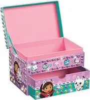 [Totum] TM ESSENTIALS Gabby's Jewellery Box, Children's Jewellery Box in Pink, Gold, Purple & Green with Drawer, Netflix Gabby's Dollhouse Motifs, Girls Jewellery Storage, Groß, Plastic Fabric, No Gemstone.