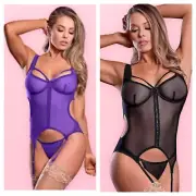GARTER BODYSUIT CORSET OPEN CROTCH G STRING SET PURPLE SIZE SMALL 4-10