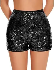 [Vinaderhom] Women's Sparkle Sequin Shorts Elastic High-Waisted Glitter Booty Shorts for Parties and Festivals