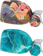 [WOSHJIUK] Working Hat 2 Pack Scrub Caps for Women,Tropical Watercolor Leaves,Tie Back Cap Adjustable Scrub Hat