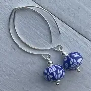 Min Favorit Cobalt Blue White Polymer Clay Bead Silver Pl Artisan Drop Earrings