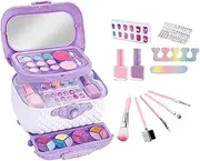Rrlihjgu Makeup Kit for Girls - Washable Toy Makeup Kit | Foldable Beauty Case Portable Princess Dolls Dress Up Toy Nail Art Accessories for Children Teen Girls, Age 4-12 Years Old