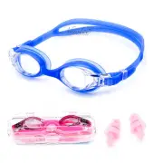 Adjustable Kids Swim Goggles Anti Fog Silicone Blue Pink Strap w/ Ear Plug Case