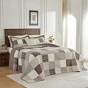 Quilta 100% Cotton Farmhouse Patchwork Oversized Queen Size Bedspread - 102"x120" Cabin Quilt Bedding Set - Soft and Lightweight, Lodge Rustic Comforter Set, 3 Pieces,Gray/Khaki/Brown/Green