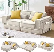 Buddycomfy Modular Sofa Bed, No Assembly Required Sectional Couch for Living Room, Compressed Cloud Couch with Corduroy Fabric & Lumbar Pillows, Small Space Furniture Beige